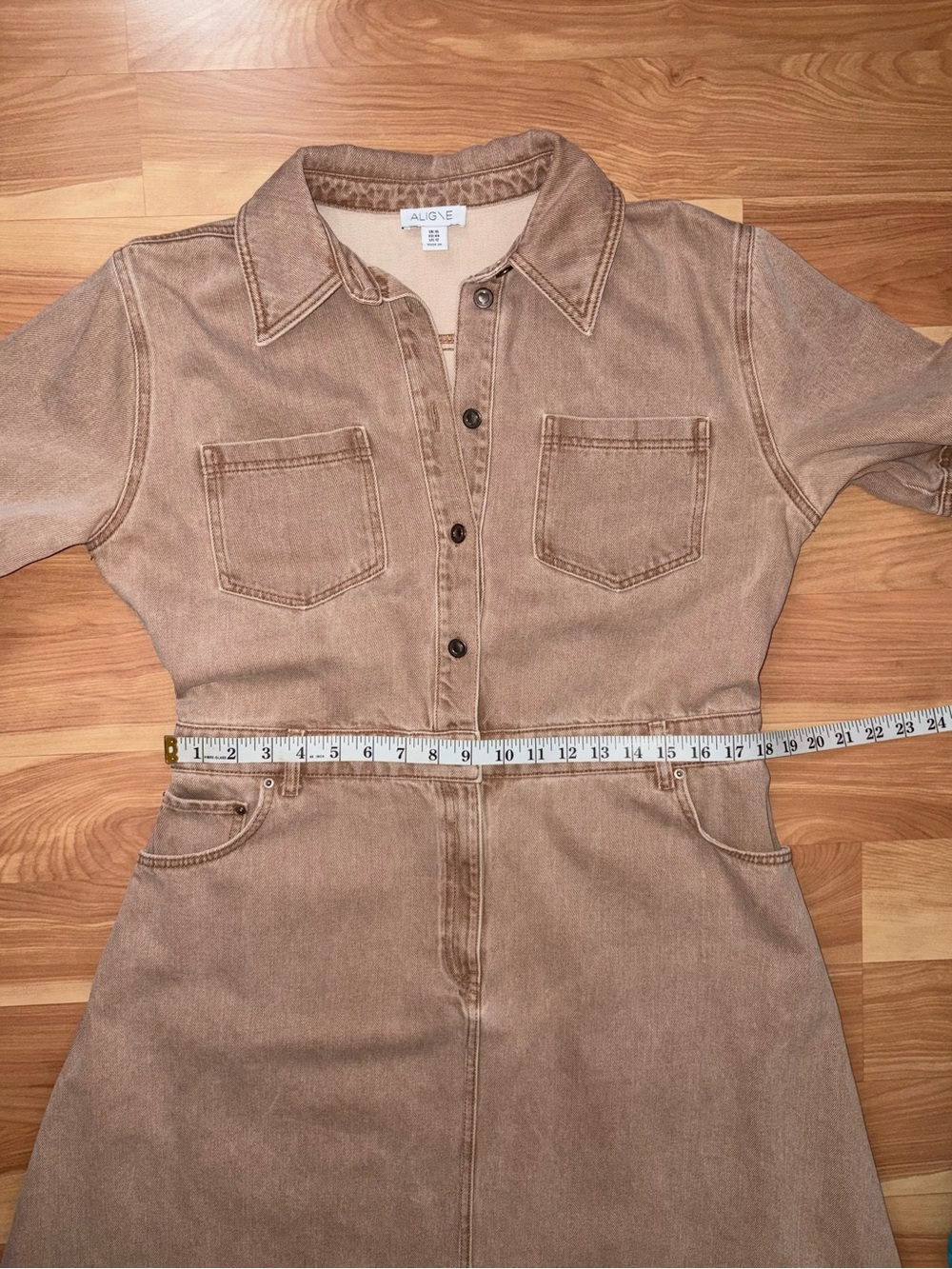 ALIGNE Tan Mateo Asymmetrical Utility Denim Midi Dress Size 12 Large Lagenlook - Picture 8 of 16